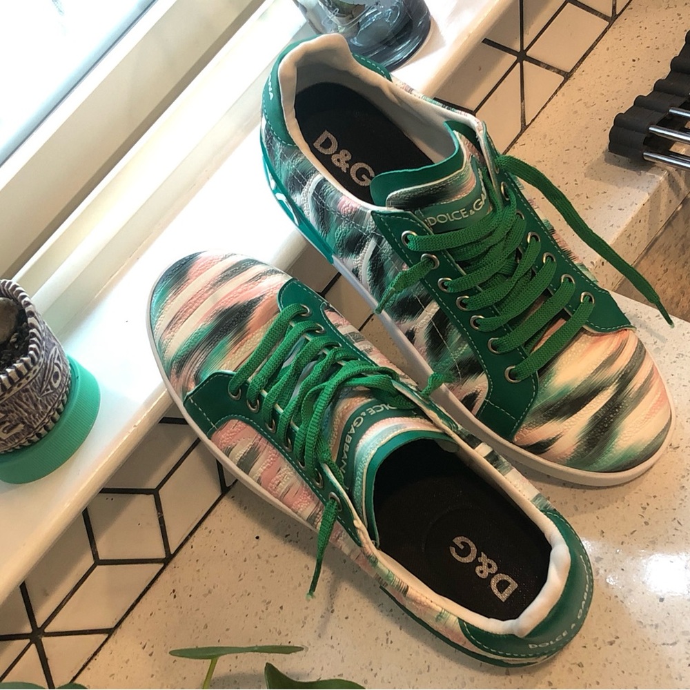 NWOT Dolce & Gabbana Portofino Green Pink and White Low-Top Sneakers